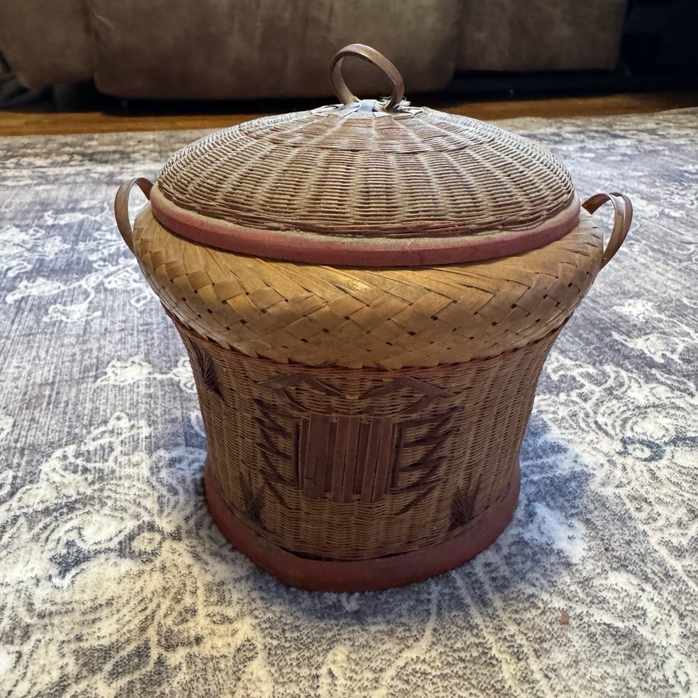 Vintage Shanghai Sticky Rice Hand‎ Woven Basket With Lid
